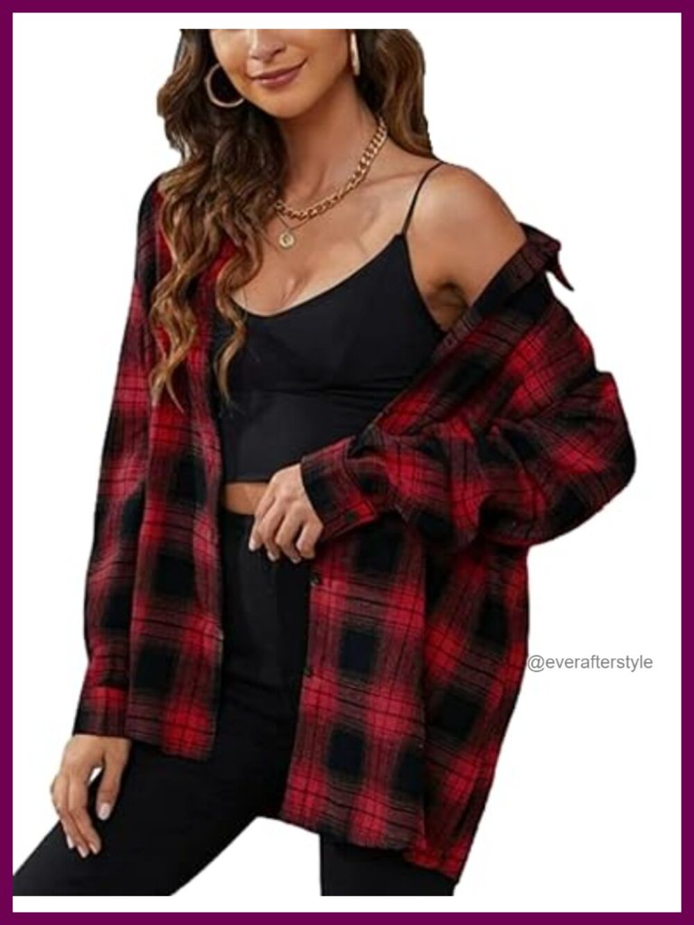Oversized Flannel Plaid Button Down Shirt Long Sleeve Curved Hem
